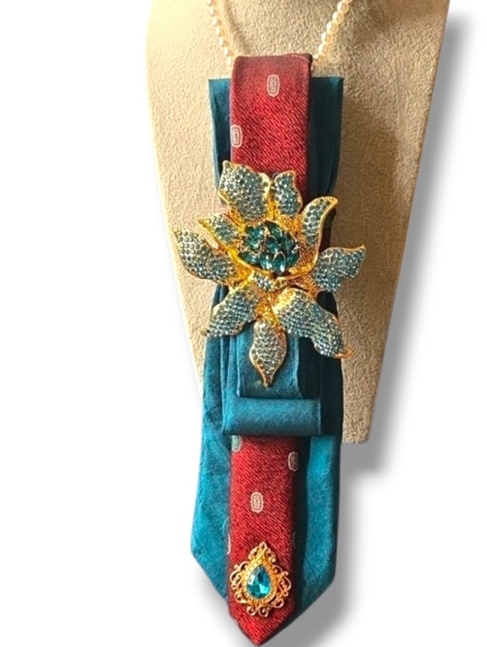 3/$60 Teal & Burgundy Decorative Cravat with Gold Floral And Teal Brooch